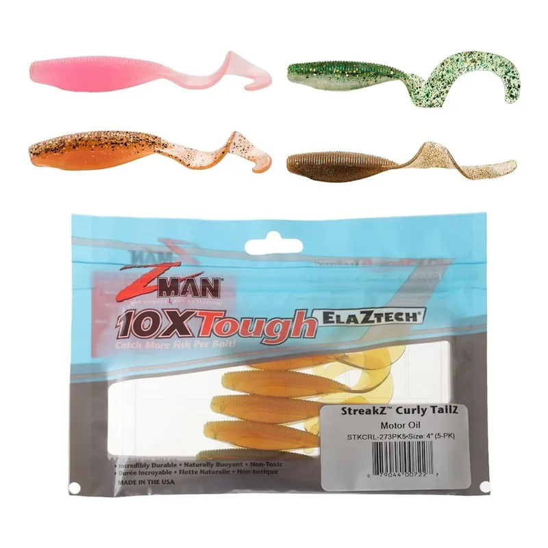 Z-Man StreakZ curly tail soft baits in green, pink and gold above a pack